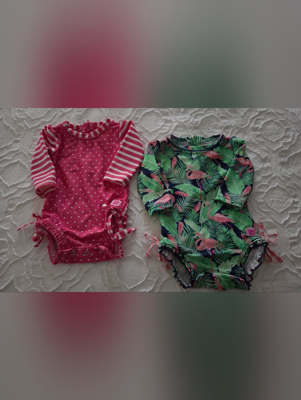 Ruffle Butts Pink Polka Dot & Green Flamingo Rashguard Swim Set